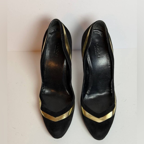 Gucci Black Suede Heels w Gold Metallic Inlay Size 36 - Picture 3 of 13